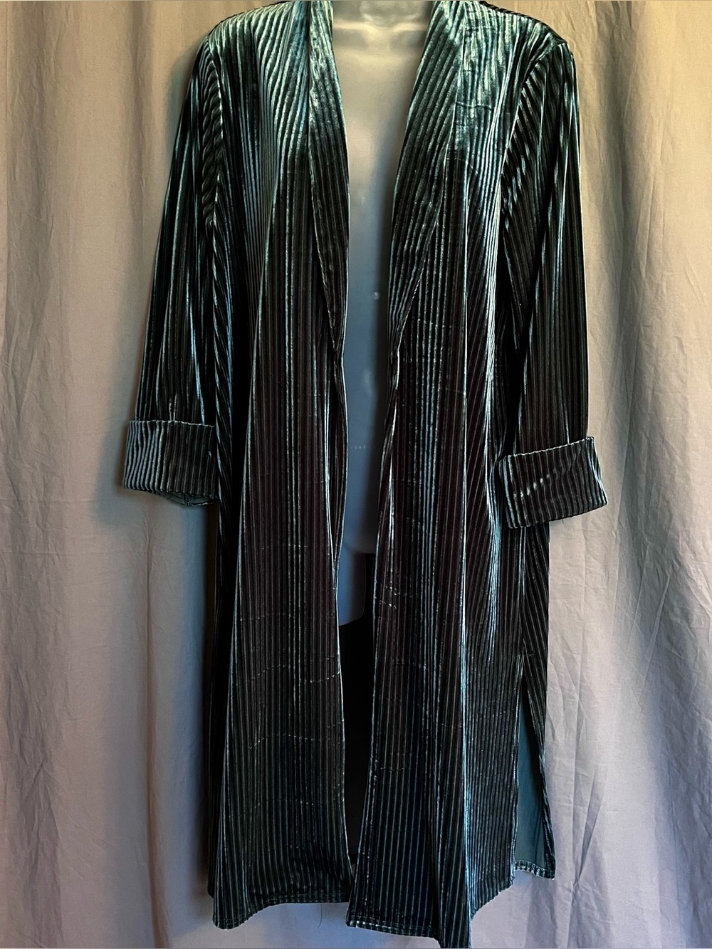 Ember Teal Green Ribbed Velvet Longline Open Front Duster Cardigan Sz XL